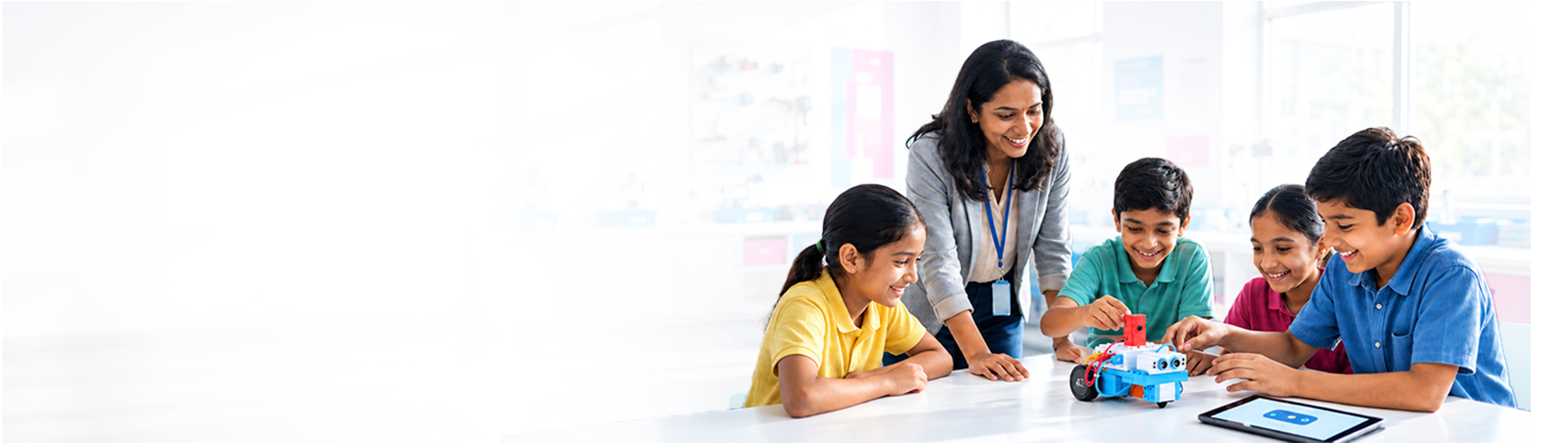 A teacher guiding students exploring a robotics kit in a school innovation lab